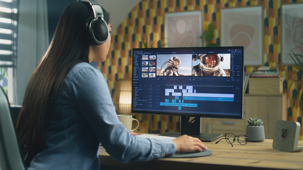 Woman in headphones editing video on pc